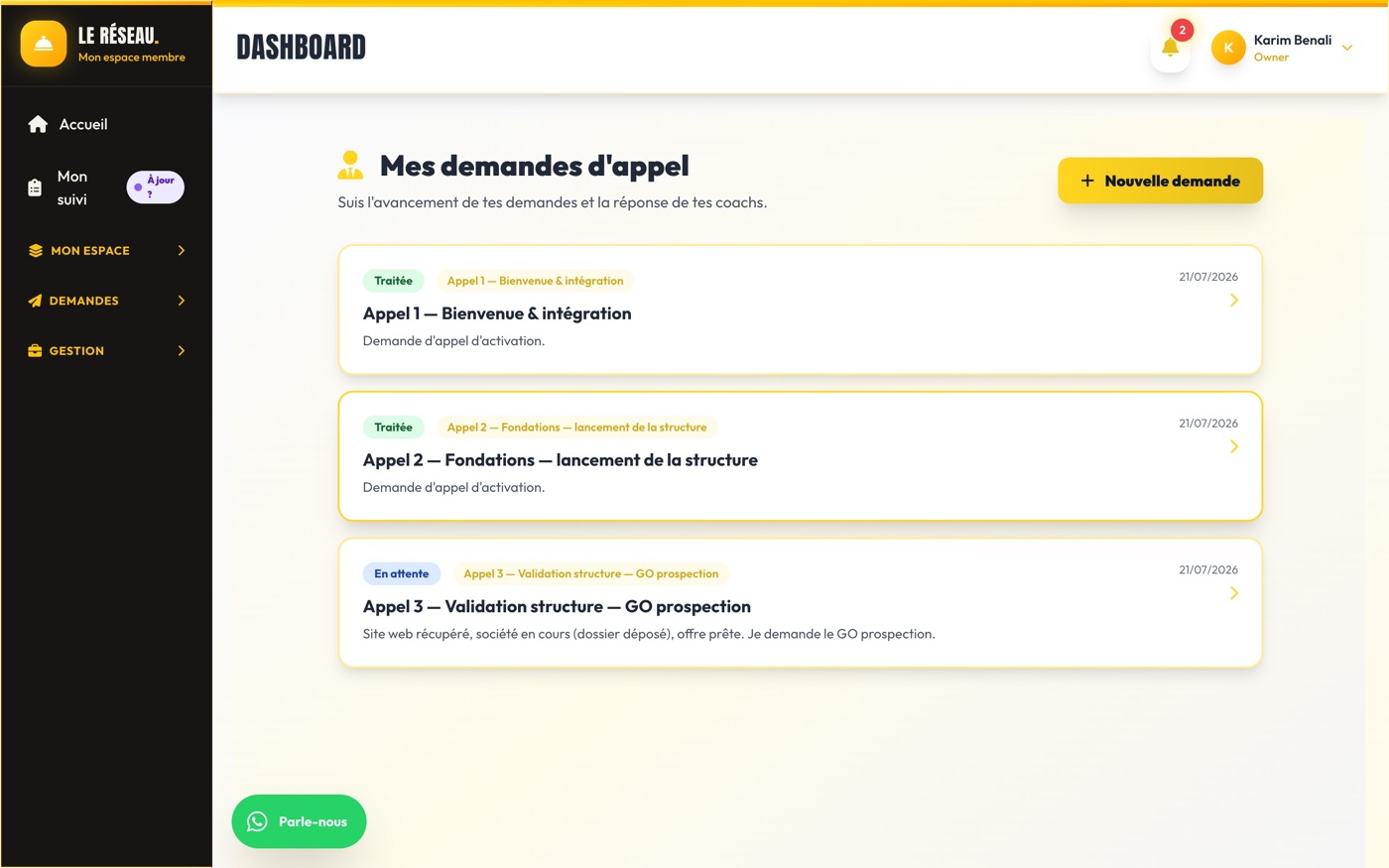 Les appels d'activation côté membre