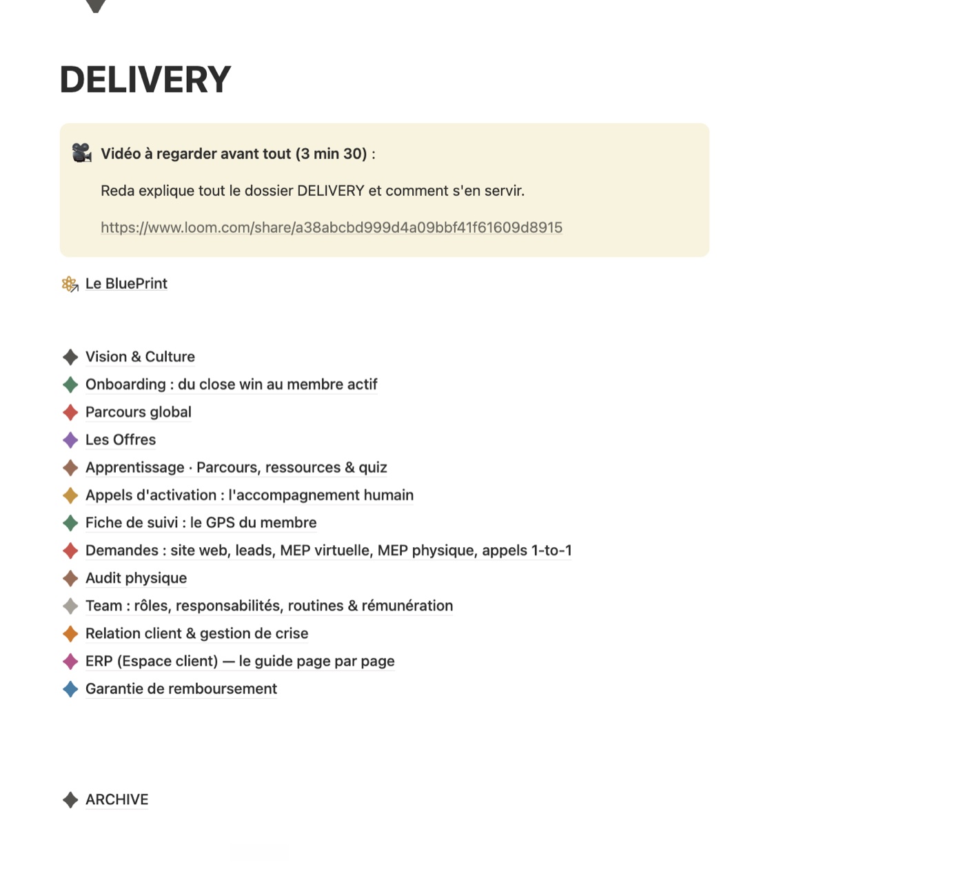 Le dossier DELIVERY sur Notion